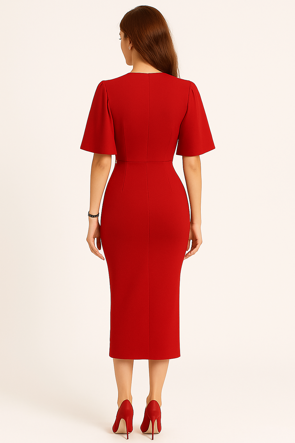 Chic Red Midi Dress with Cape Sleeves and Matching Heels