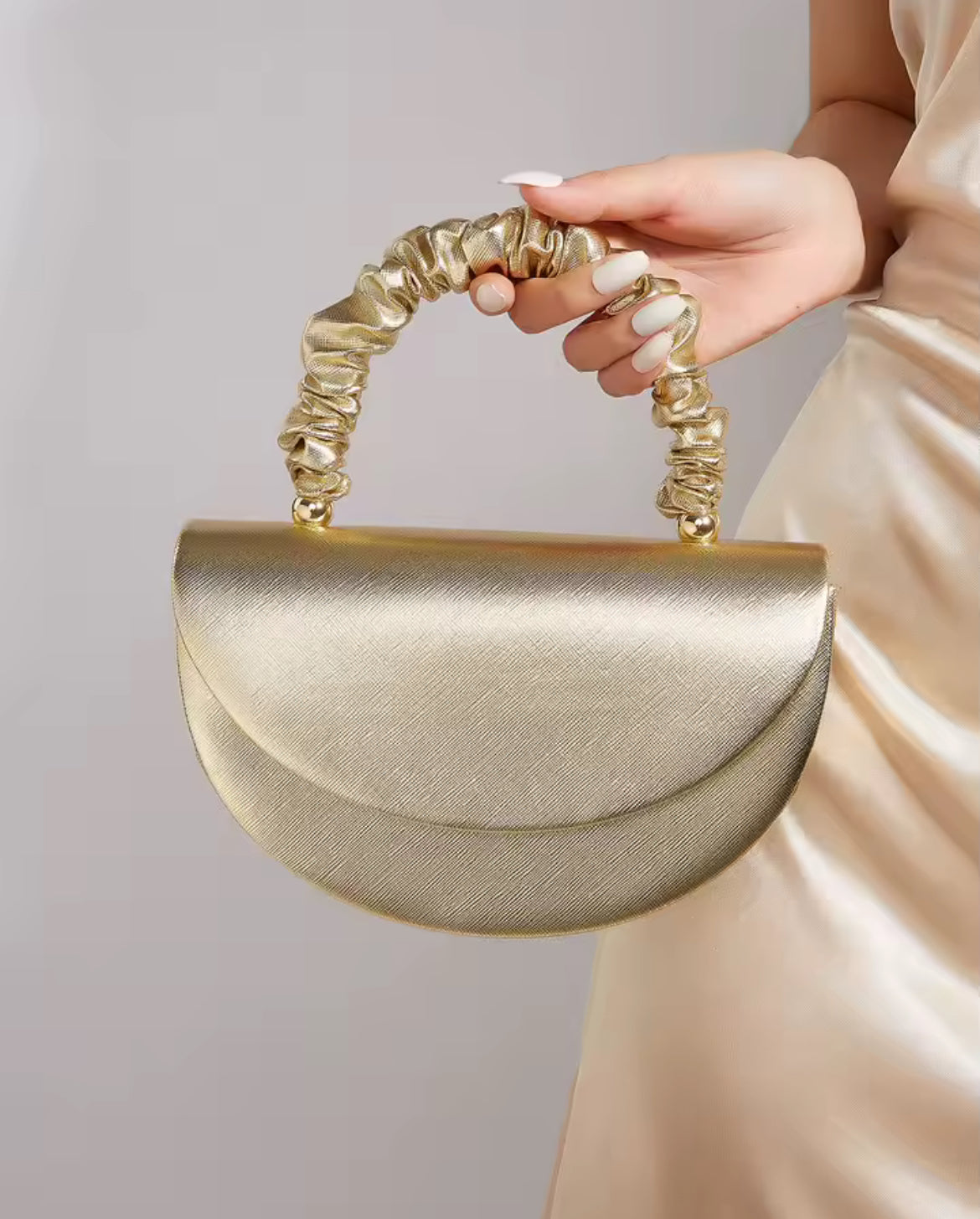 Gold Half-Moon Handbag – Elegant Ruched Handle Metallic Purse