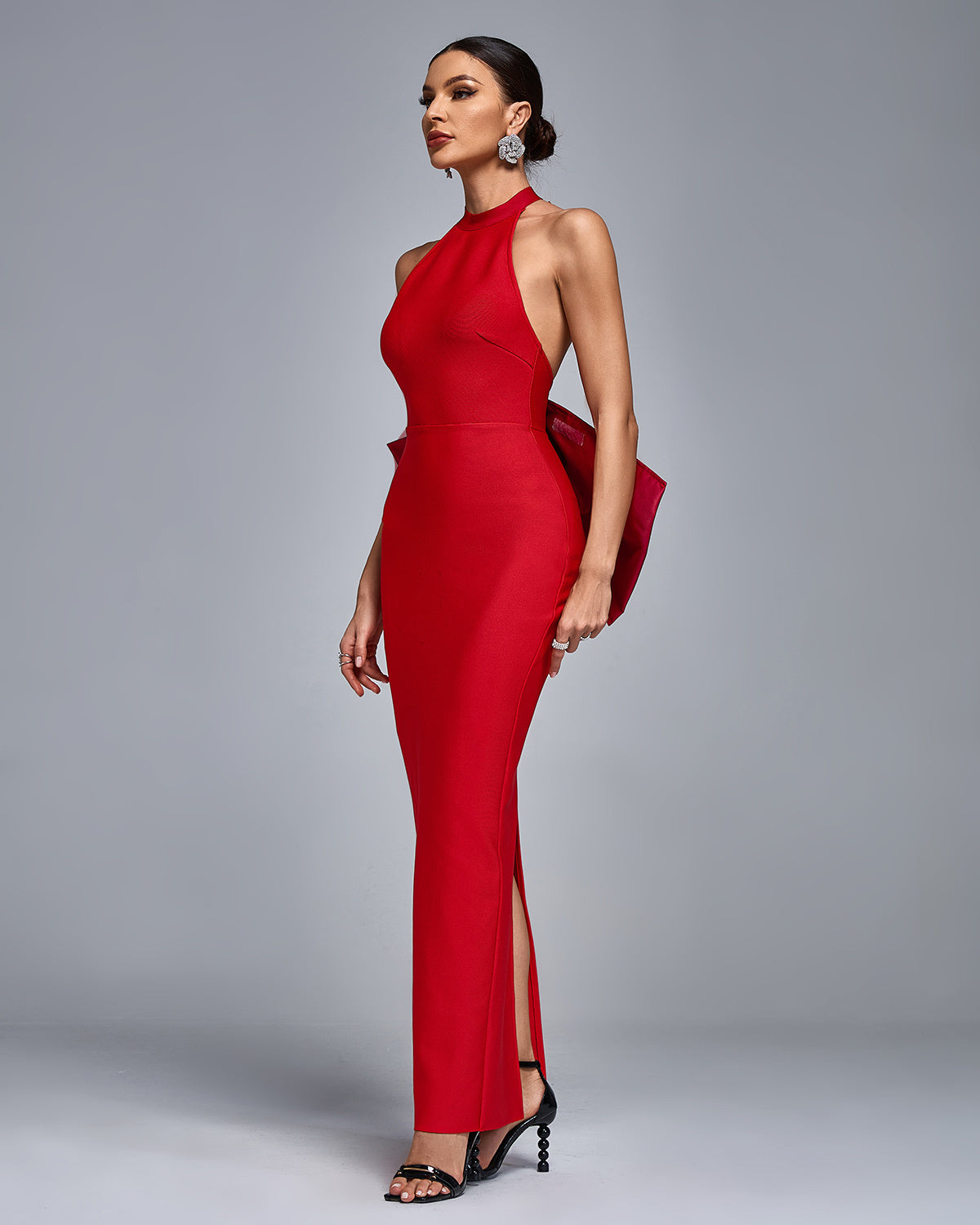 Red Halter Neck Bow Back Maxi Dress
