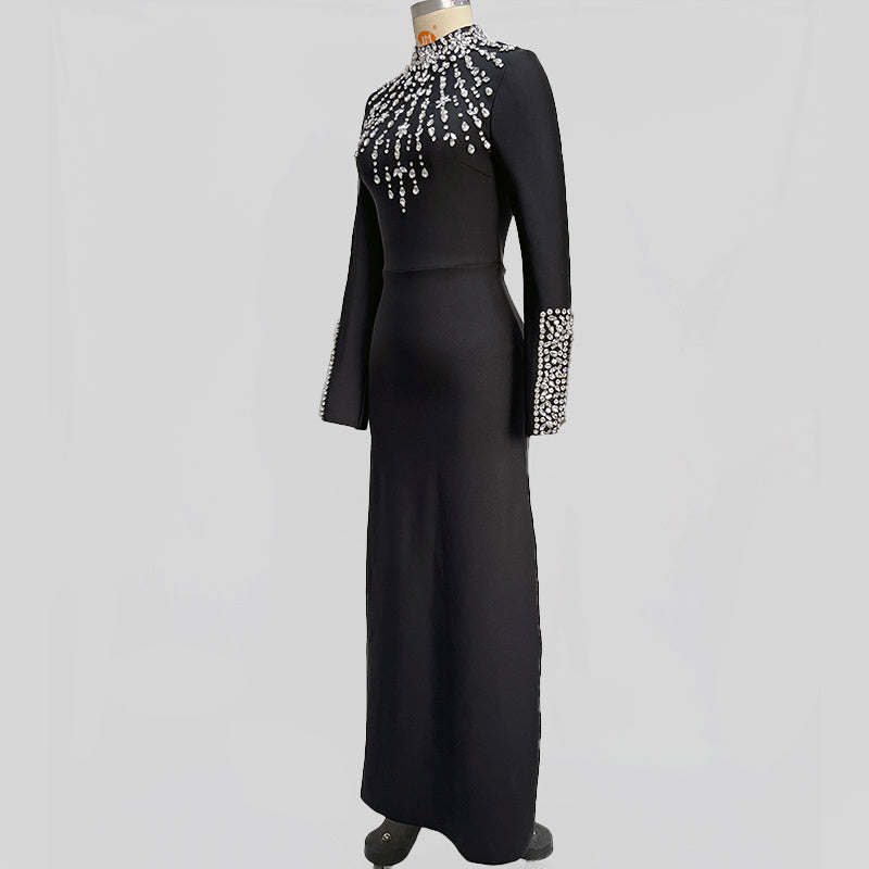 Long-Sleeve Gown with Crystal-Embellished Neckline and Cuffs