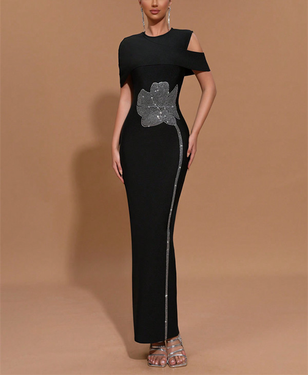 Elegant Black Evening Gown with Crystal Floral Embellishment