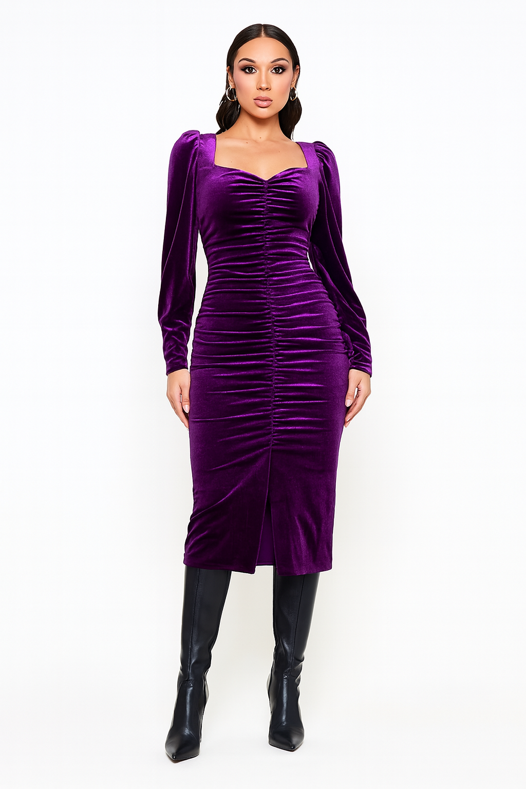 Purple Velvet Ruched Midi Dress with Puff Sleeves