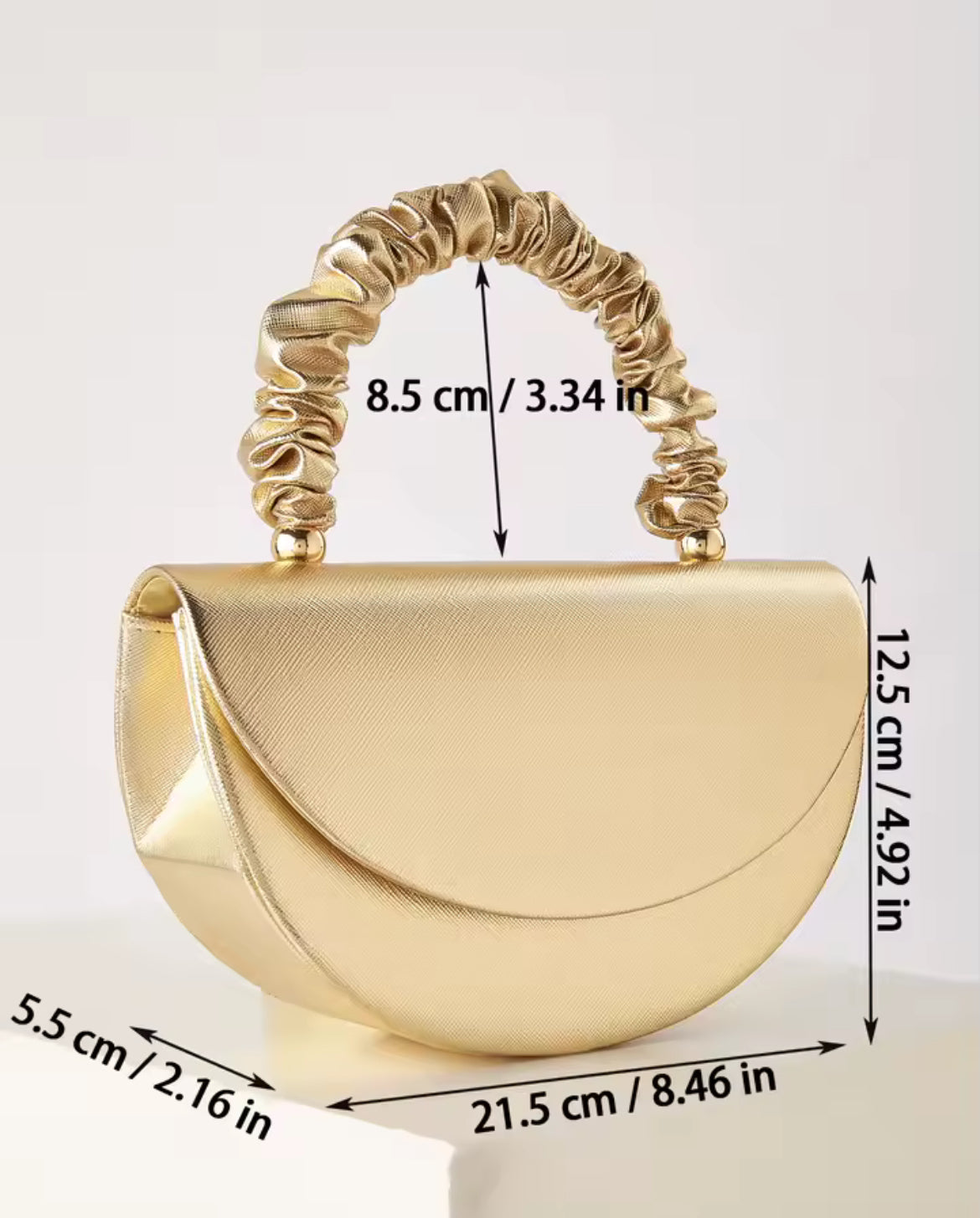 Gold Half-Moon Handbag – Elegant Ruched Handle Metallic Purse