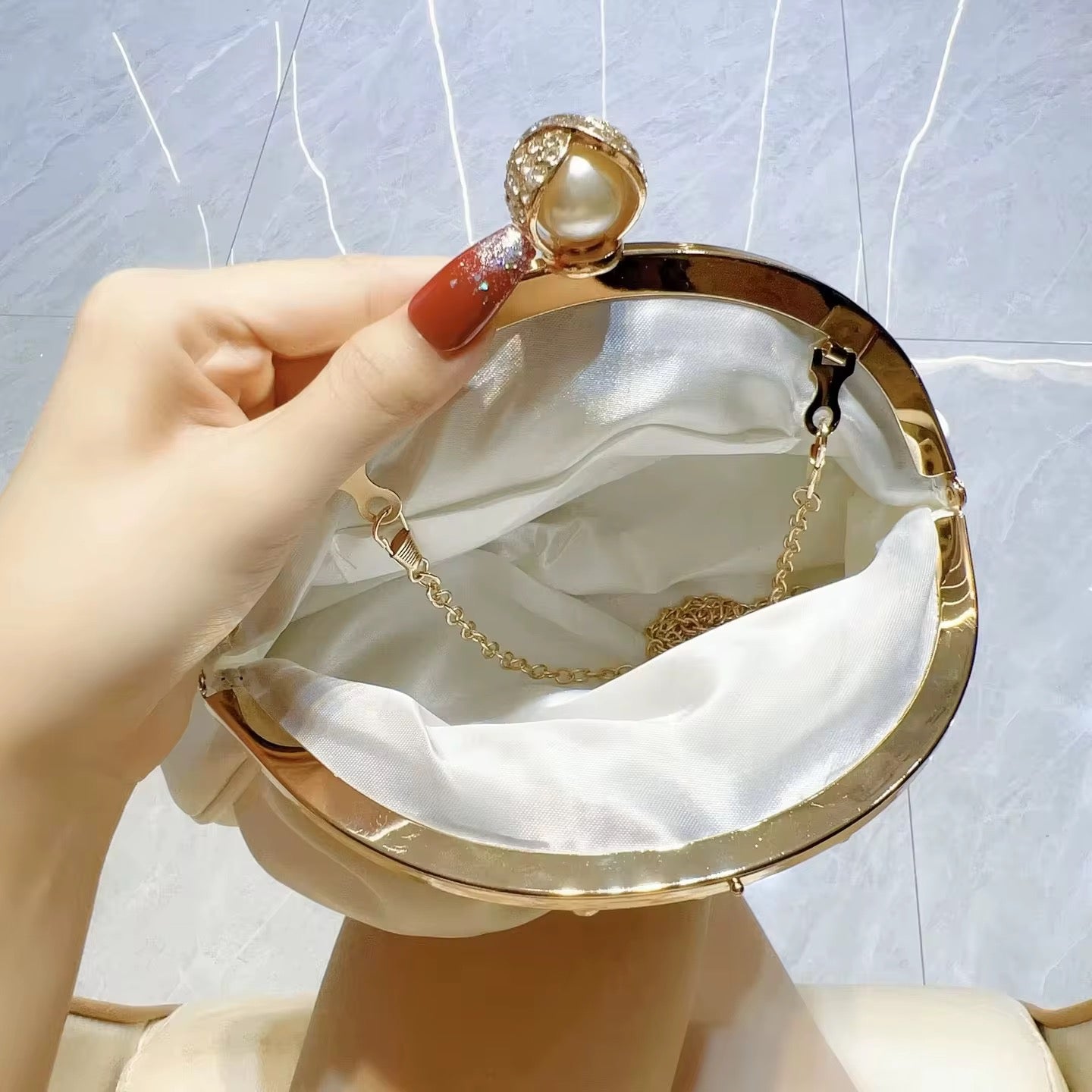 Luxury Satin Clutch Crystal-Studded Gold Frame & Pearl Clasp