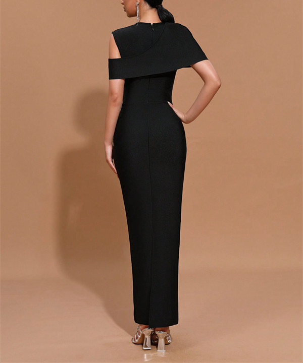 Elegant Black Evening Gown with Crystal Floral Embellishment