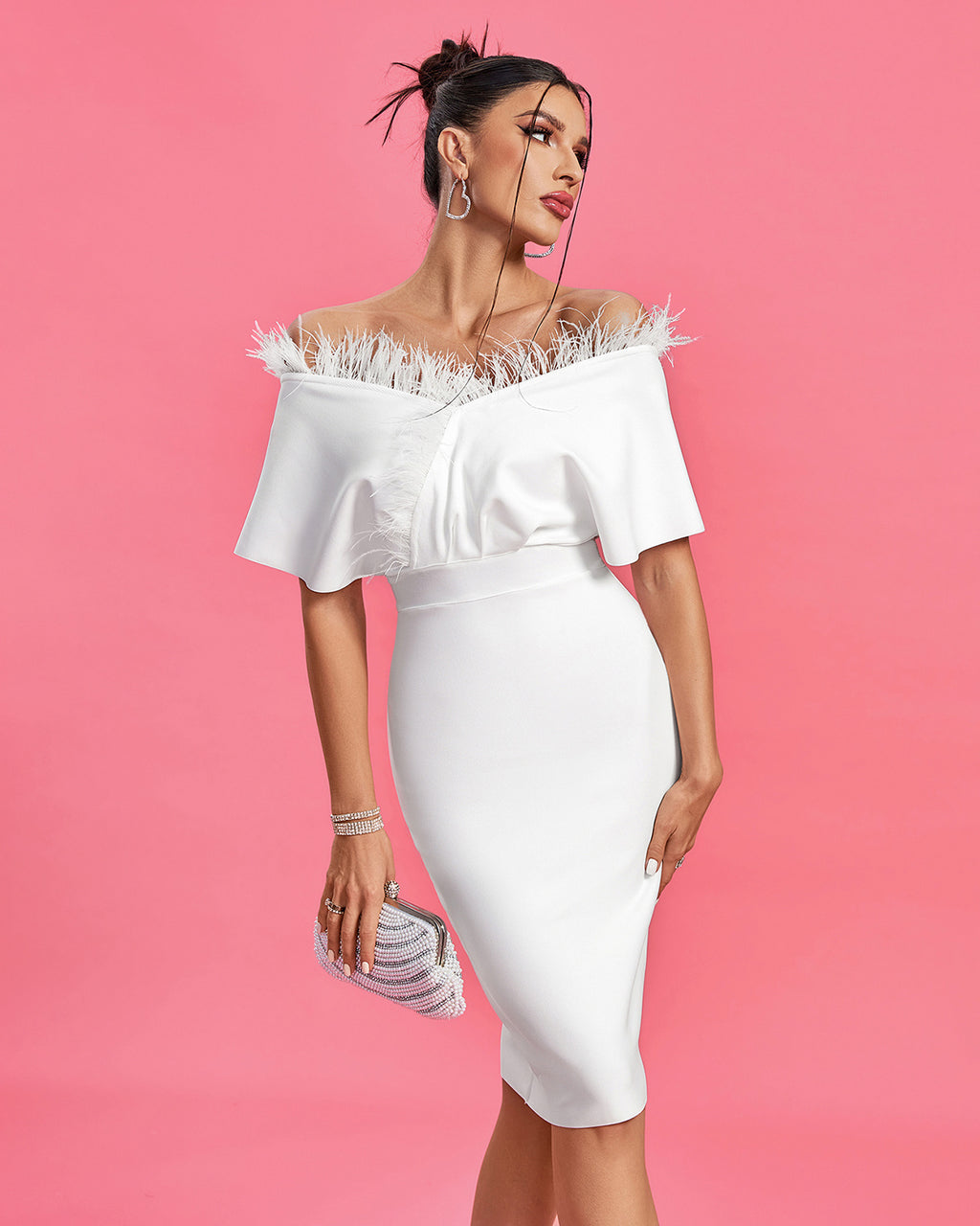 Off-Shoulder Feather Trim Midi Dress