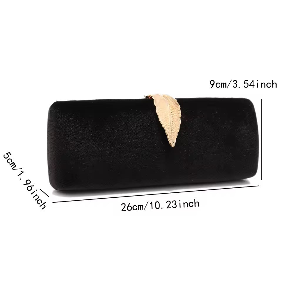 Elegant Black Velvet Clutch with Gold Leaf Accent