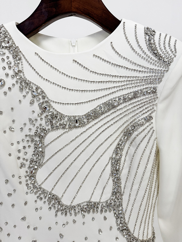 White Long-Sleeve Gown with Sculpted Embellished Bodice and Sleek Silhouette
