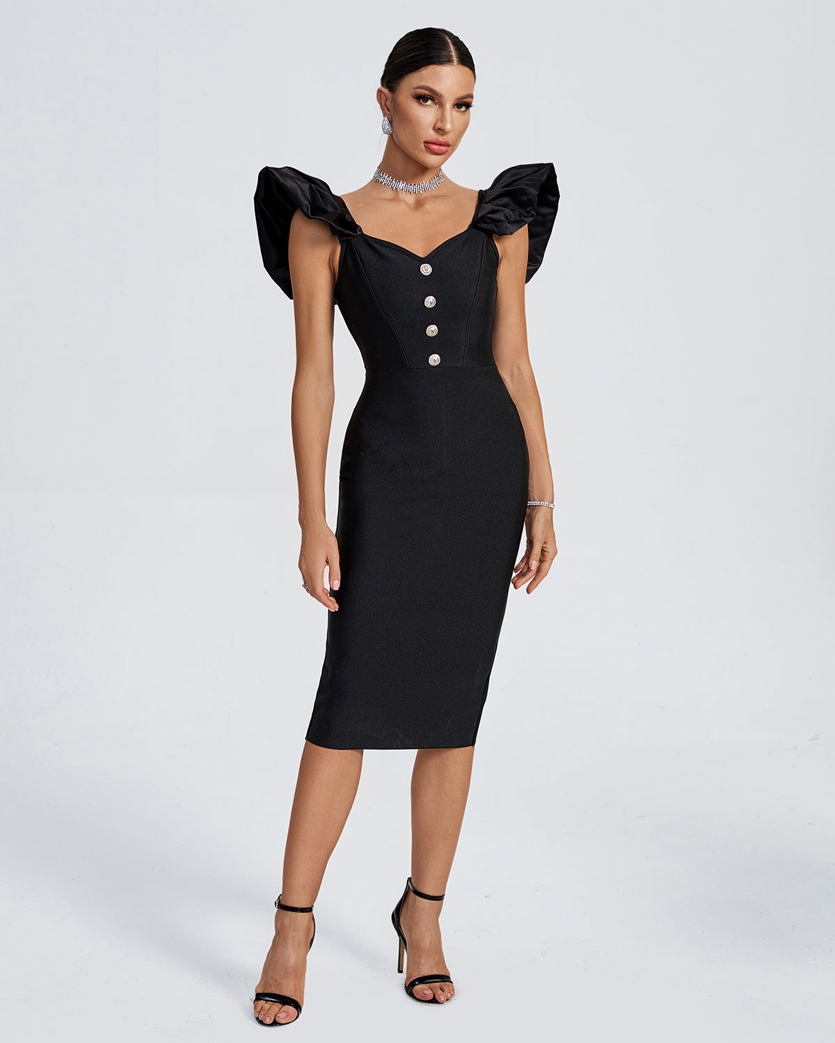 Bodycon Ruffle Sleeve Midi Dress Black