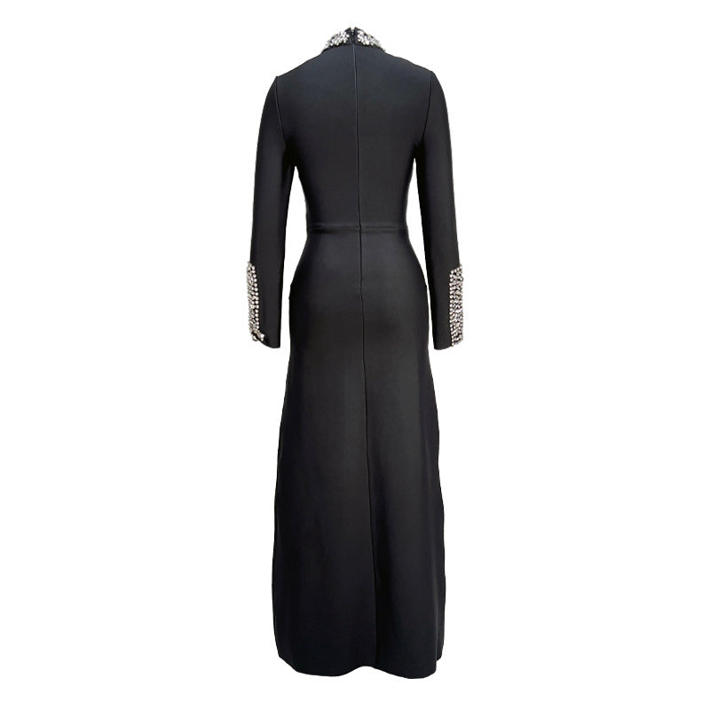 Long-Sleeve Gown with Crystal-Embellished Neckline and Cuffs