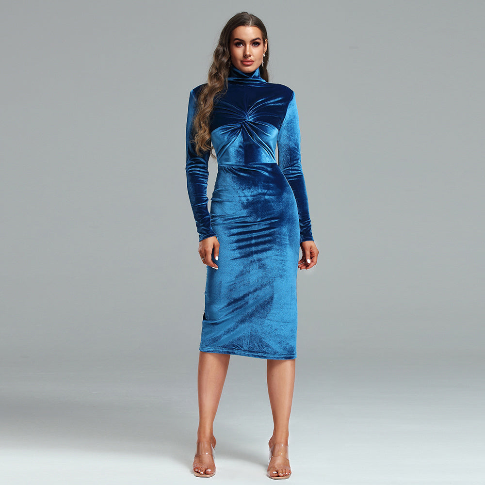 Blue Velvet Turtleneck Knot Midi Dress