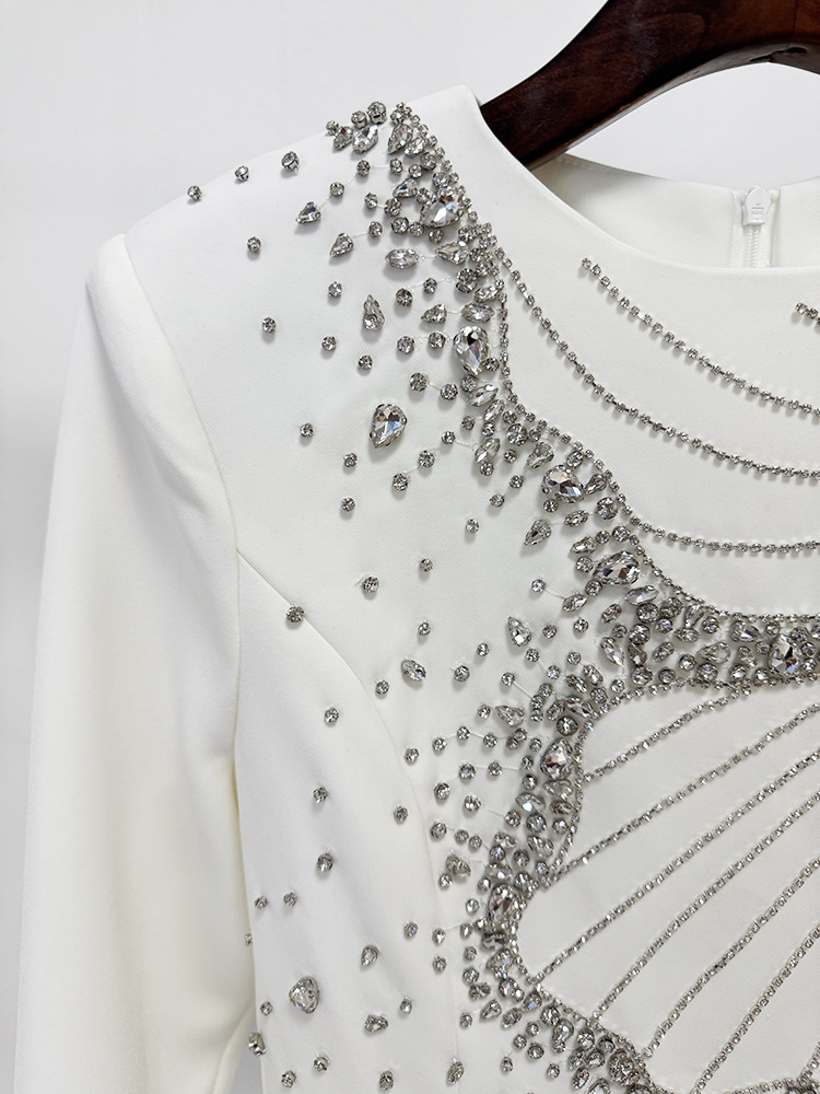 White Long-Sleeve Gown with Sculpted Embellished Bodice and Sleek Silhouette