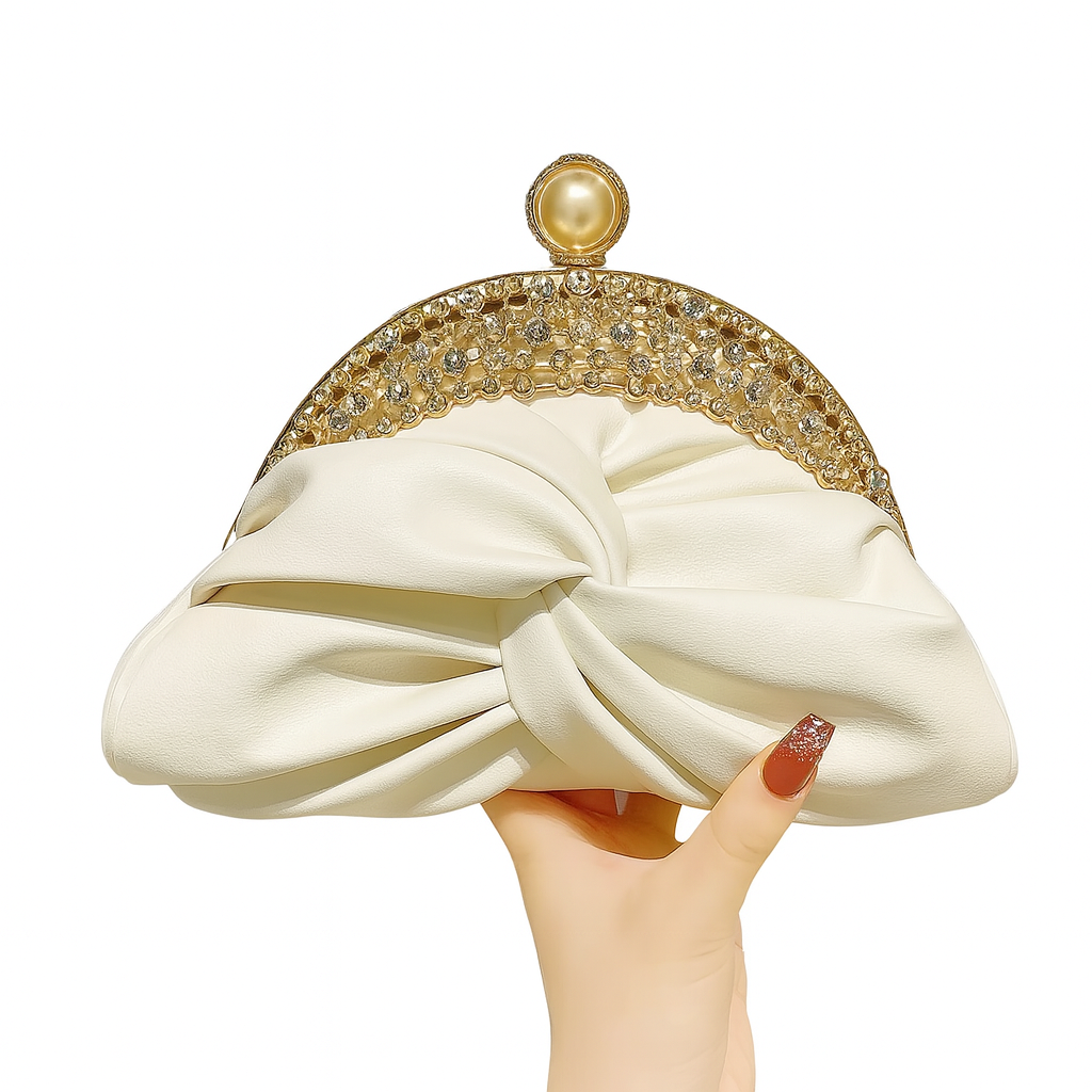 Luxury Satin Clutch Crystal-Studded Gold Frame & Pearl Clasp
