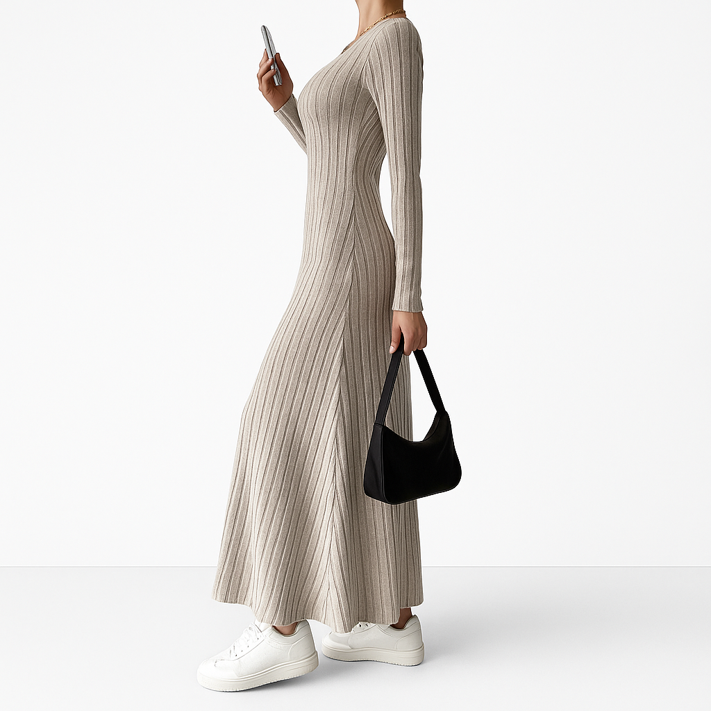 Ribbed Maxi Knit Dress with Long Sleeves