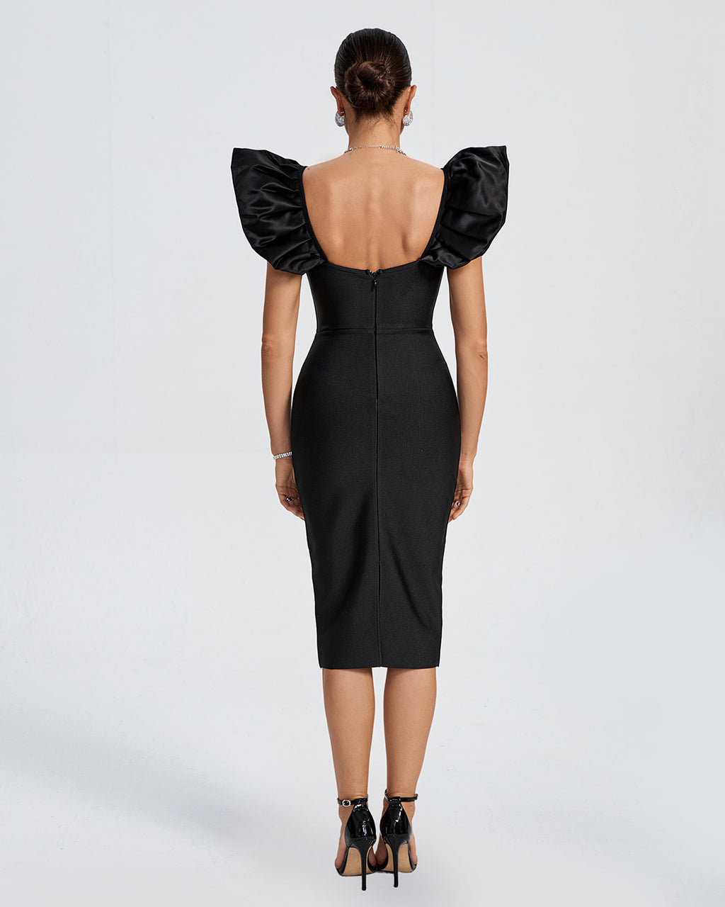 Bodycon Ruffle Sleeve Midi Dress Black