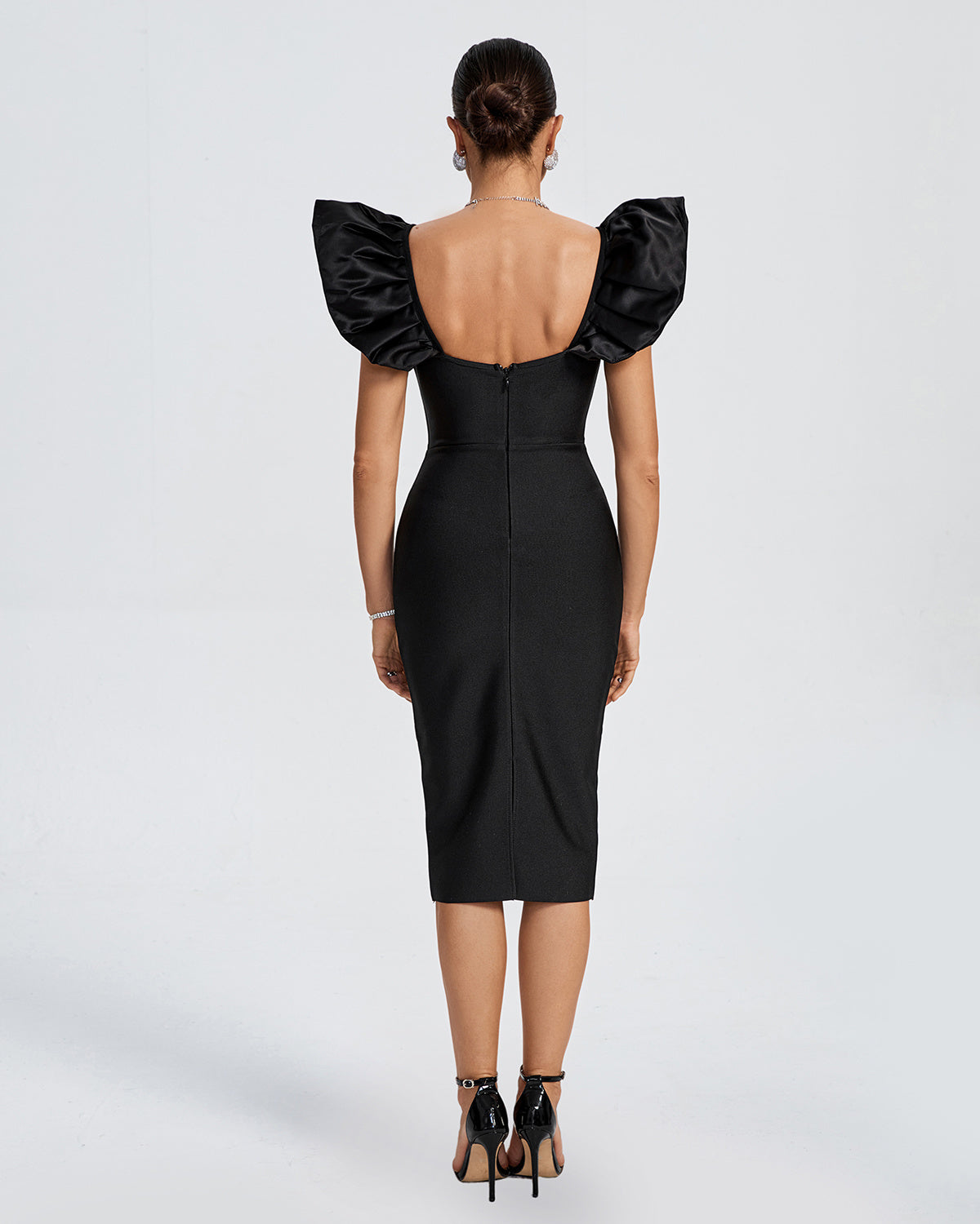Bodycon Ruffle Sleeve Midi Dress Black