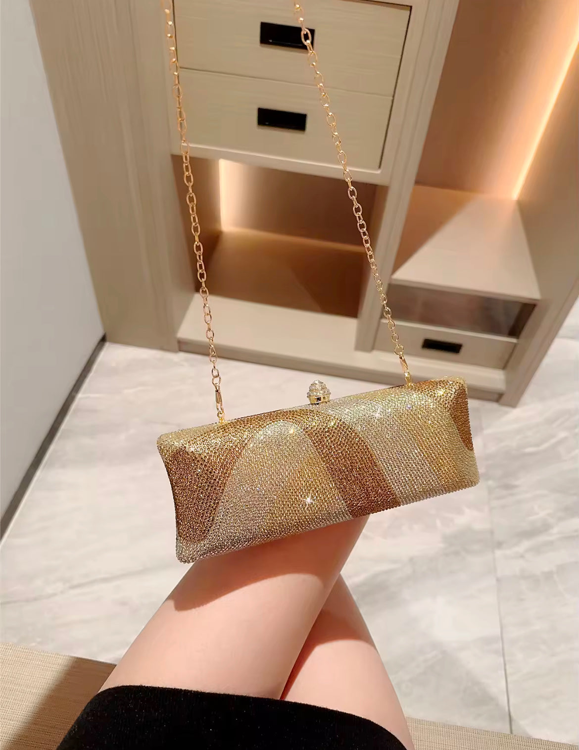 Luxury Gold & Silver Rhinestone Evening Clutch with Crystal Clasp