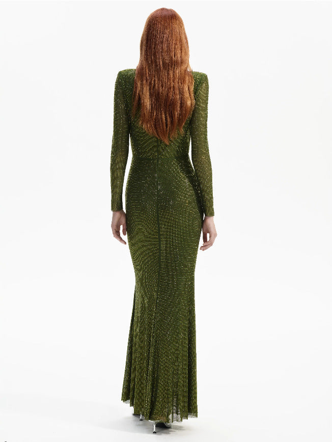 Olive Green Sparkle Maxi Gown –