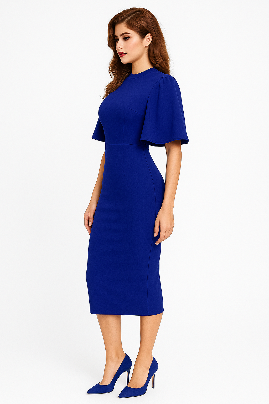 Royal Blue Midi Dress with Cape Sleeves and Matching Heels