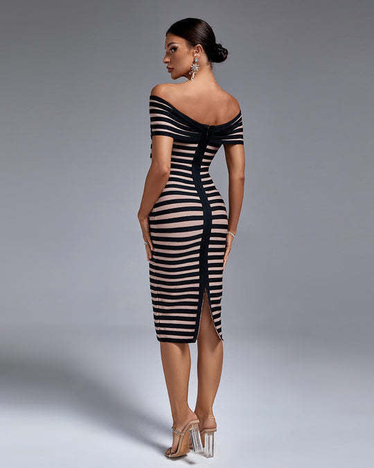 Striped Color Block Off-Shoulder Bandage Dress