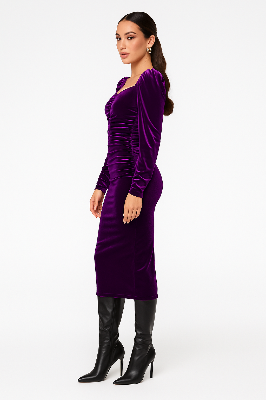 Purple Velvet Ruched Midi Dress with Puff Sleeves