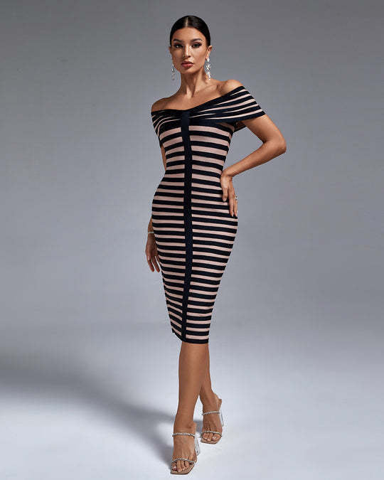 Striped Color Block Off-Shoulder Bandage Dress