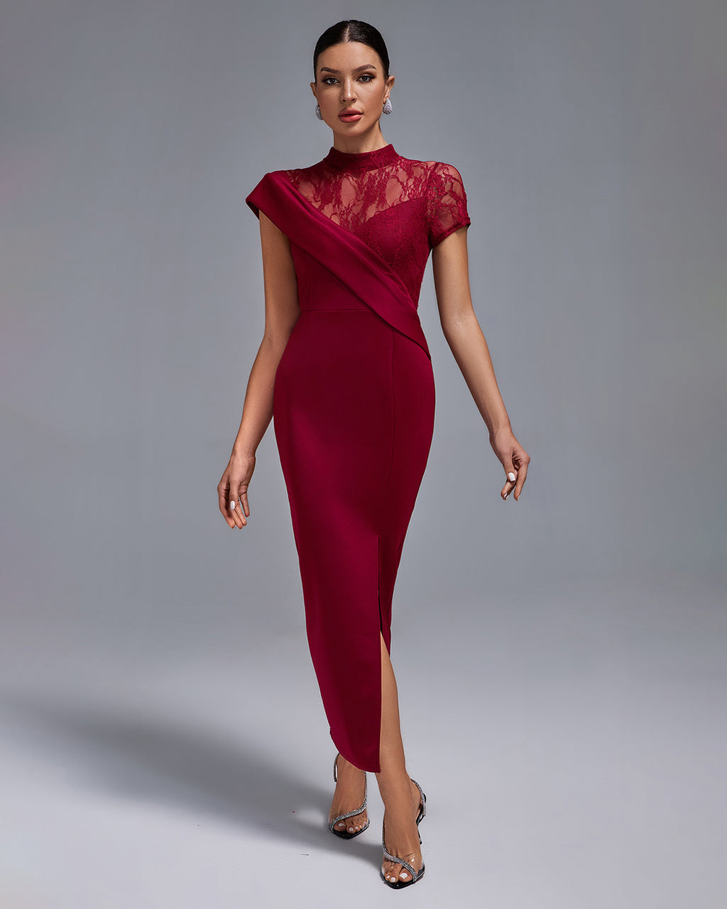 Wine Red Lace Panel Midi Dress