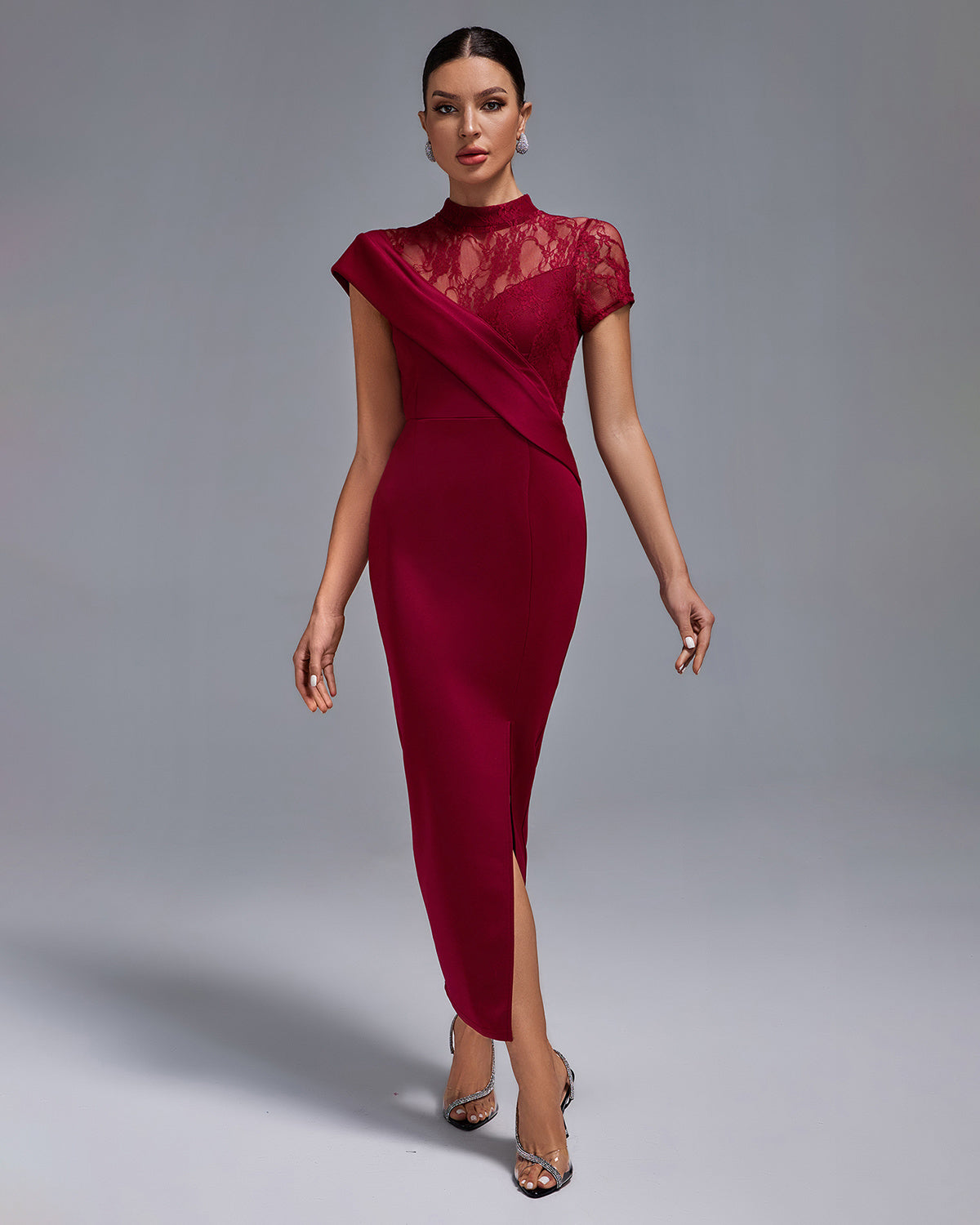 Wine Red Lace Panel Midi Dress