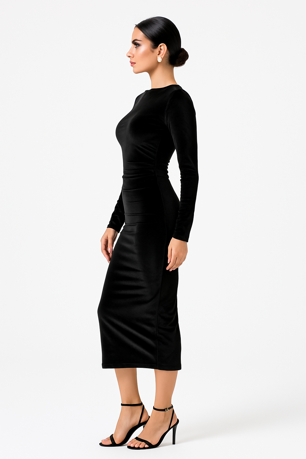 Classic Black Velvet Long Sleeve Bodycon Midi Dress