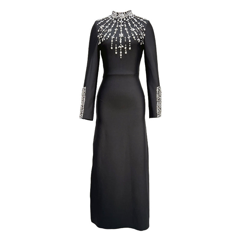 Long-Sleeve Gown with Crystal-Embellished Neckline and Cuffs