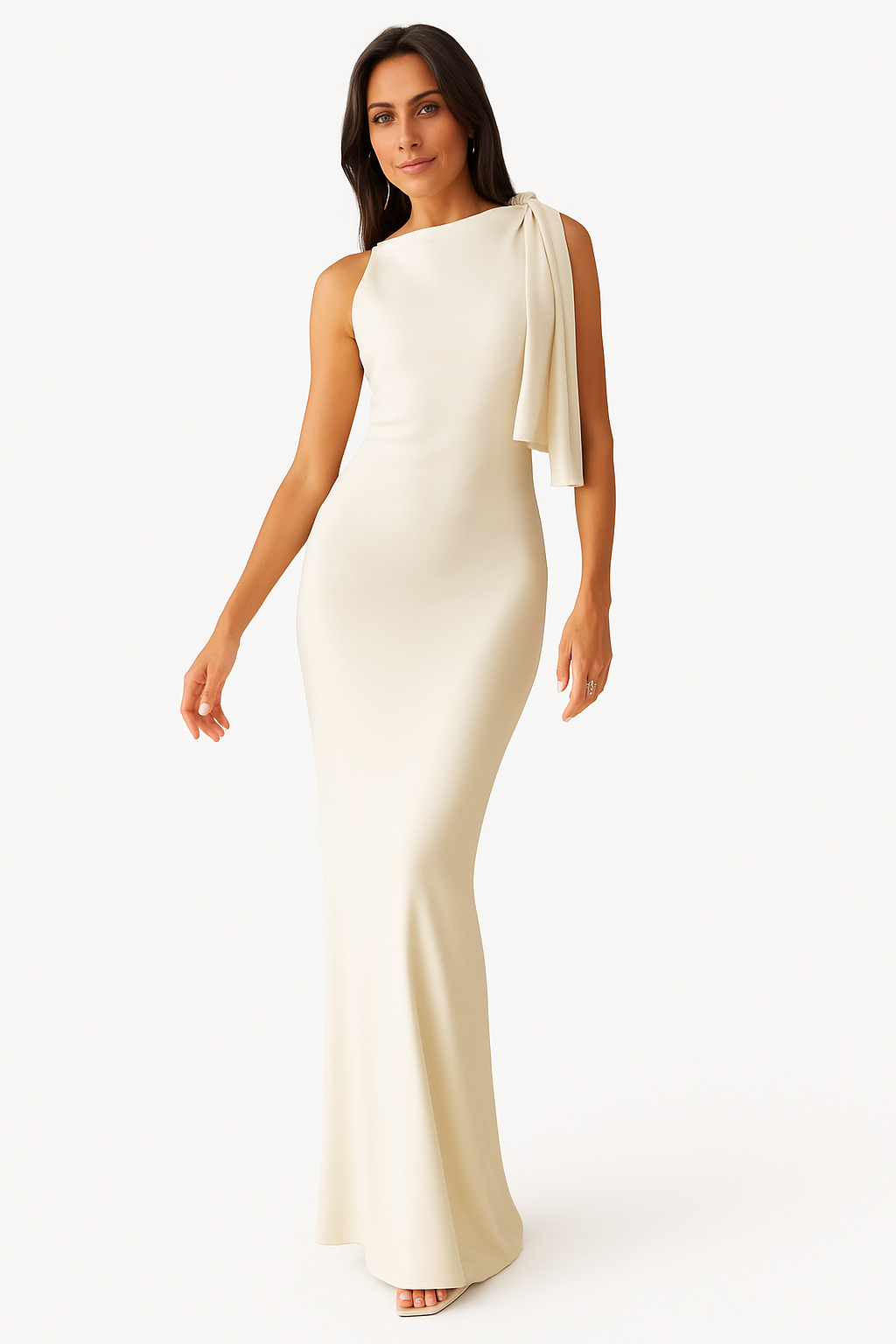 Elegant One-Shoulder Cream Floor-Length Evening Gown with Bow Detail