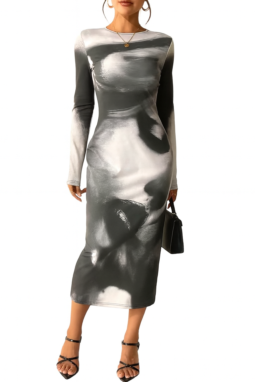 Elegant Abstract Print Long Sleeve Bodycon Midi Dress