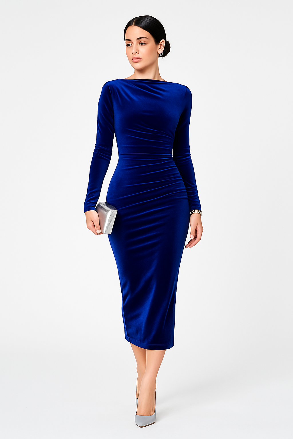Elegant Royal Blue Velvet Midi Dress