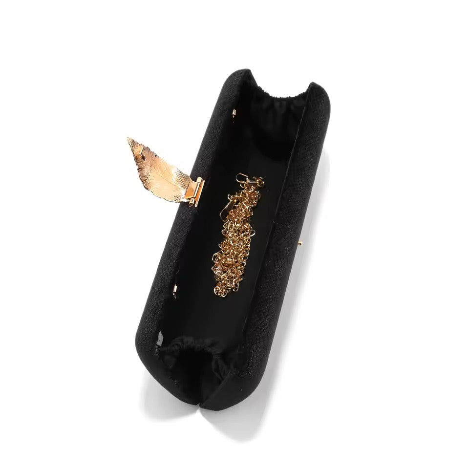 Elegant Black Velvet Clutch with Gold Leaf Accent