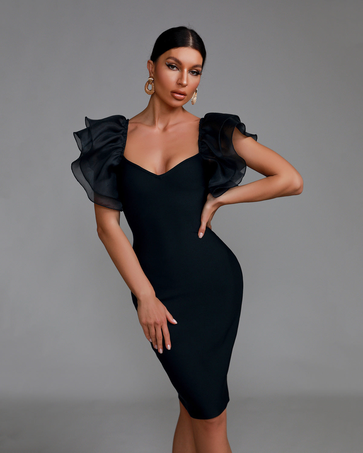 Ruffle Shoulder Bodycon Midi Dress