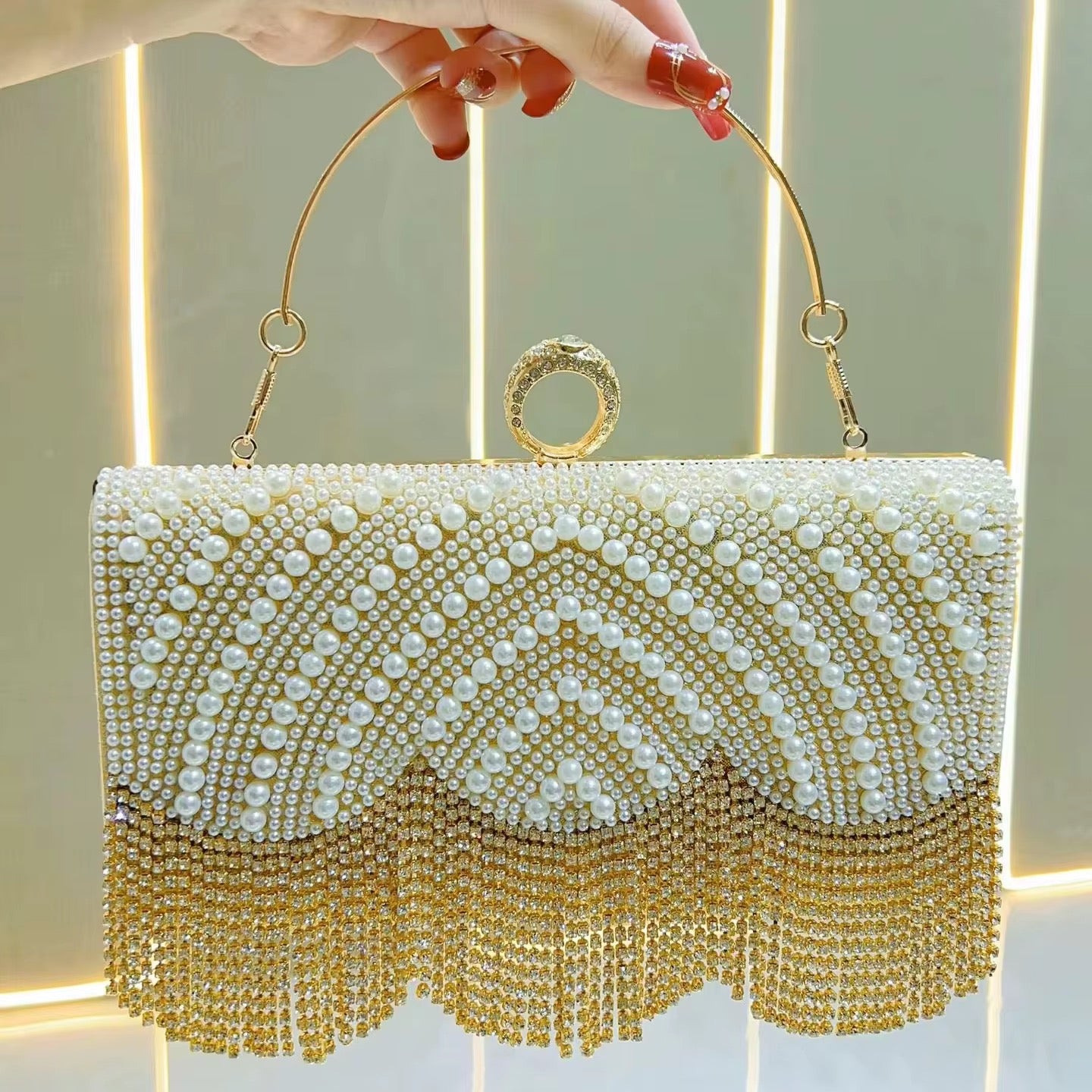 Pearl & Crystal Fringe Evening Clutch with Art Deco Detailing
