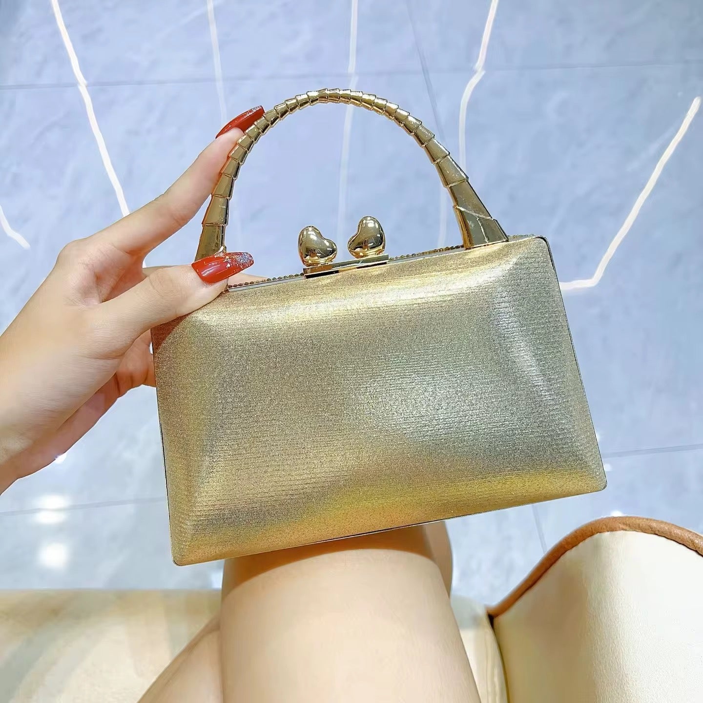 Heart-Embellished Pearl & Crystal Mini Top-Handle Bag