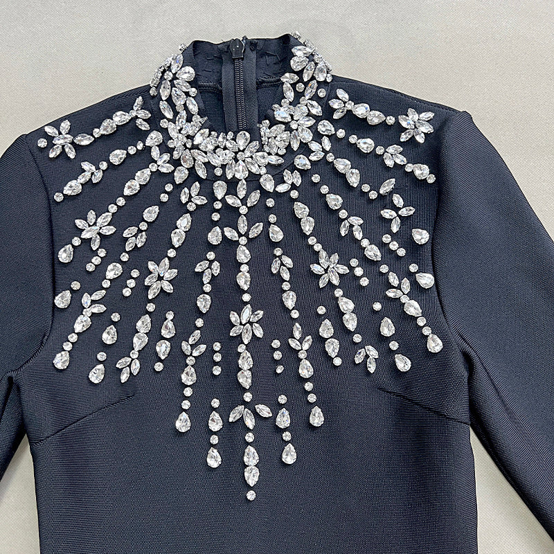 Long-Sleeve Gown with Crystal-Embellished Neckline and Cuffs