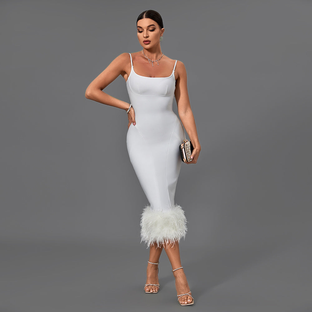 White Feather Hem Bodycon Midi Dress