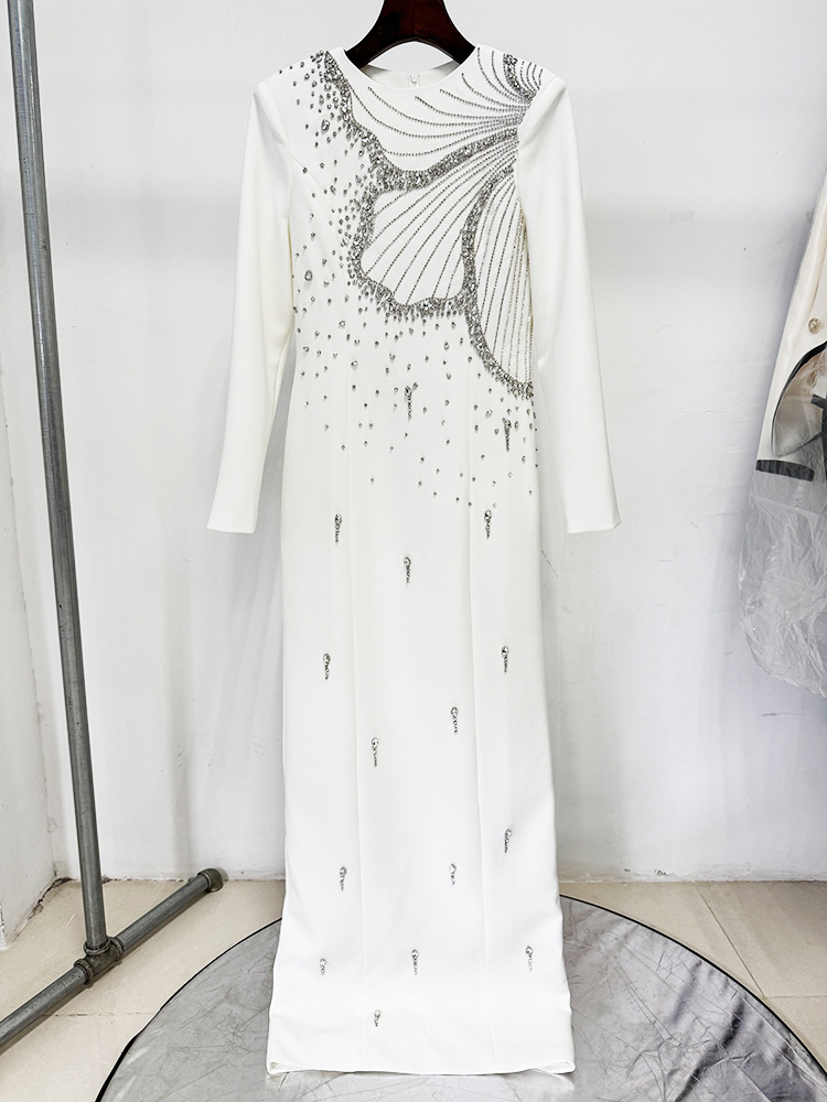 White Long-Sleeve Gown with Sculpted Embellished Bodice and Sleek Silhouette