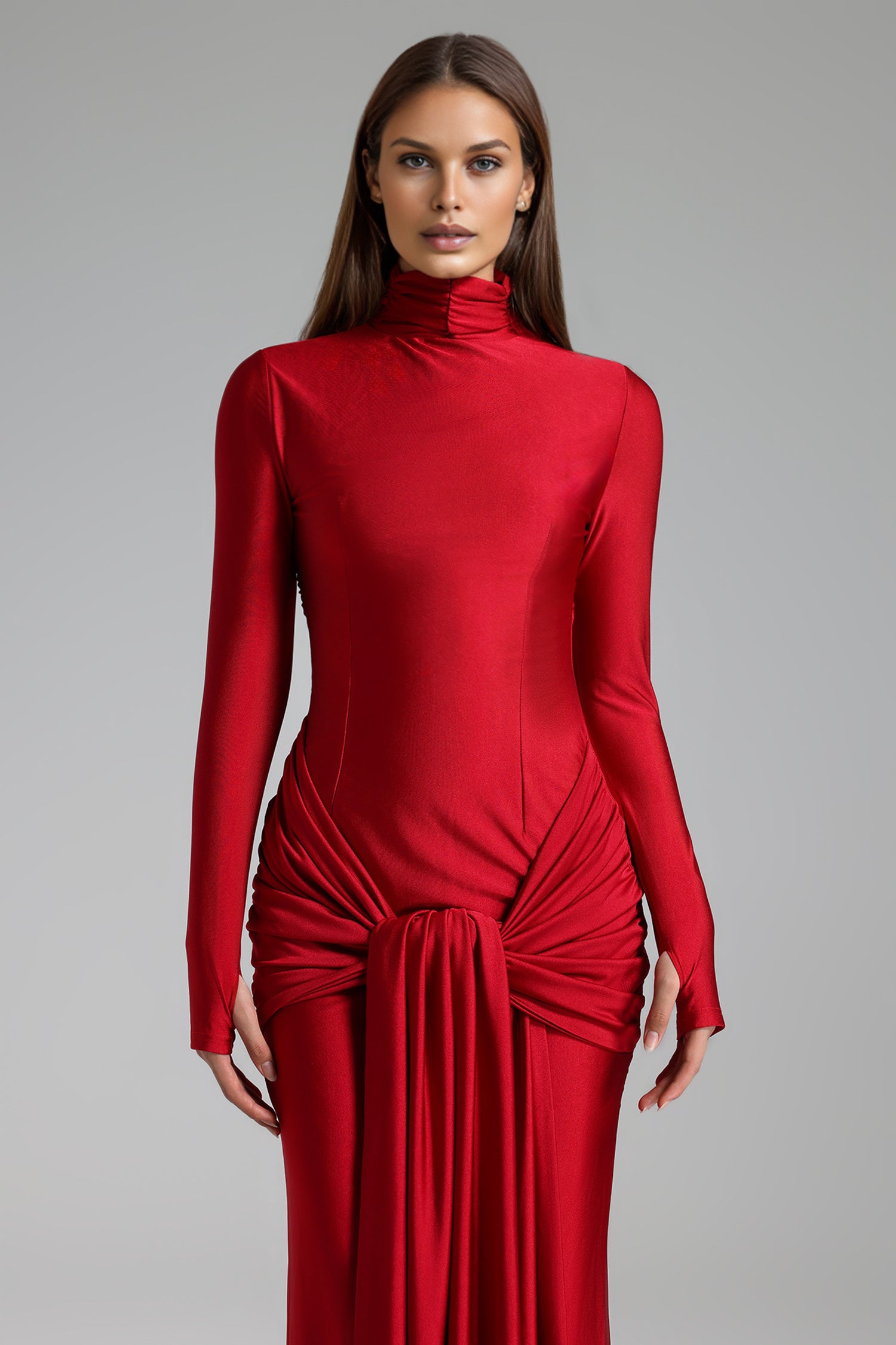 Red High Neck Draped Gown