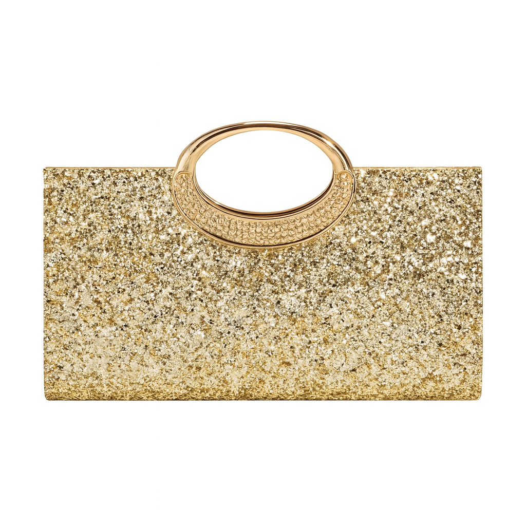 Gold Glitter Evening Clutch Bag with Elegant Round Handle