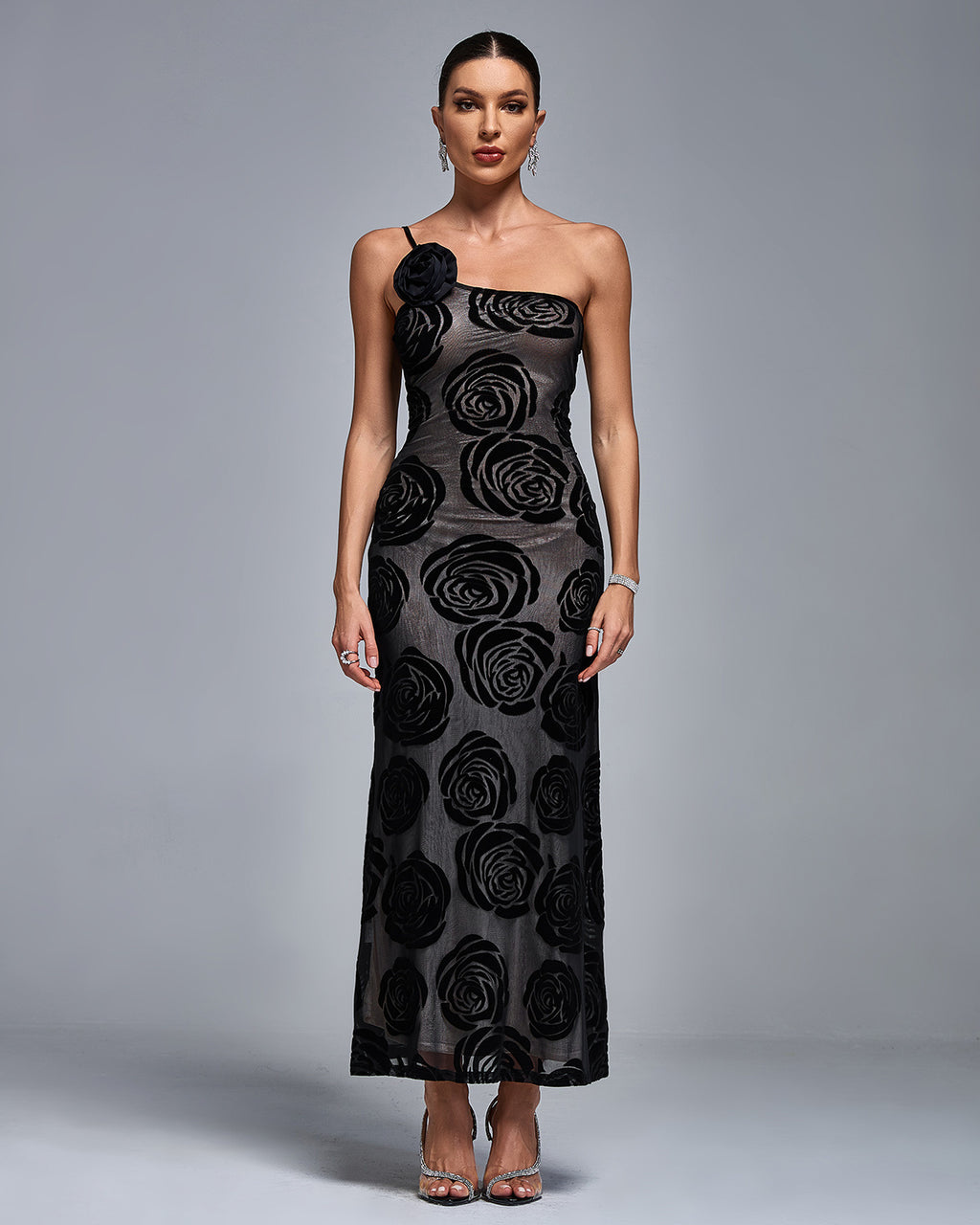 Black One-Shoulder Rose Maxi Dress – Elegant Evening Gown
