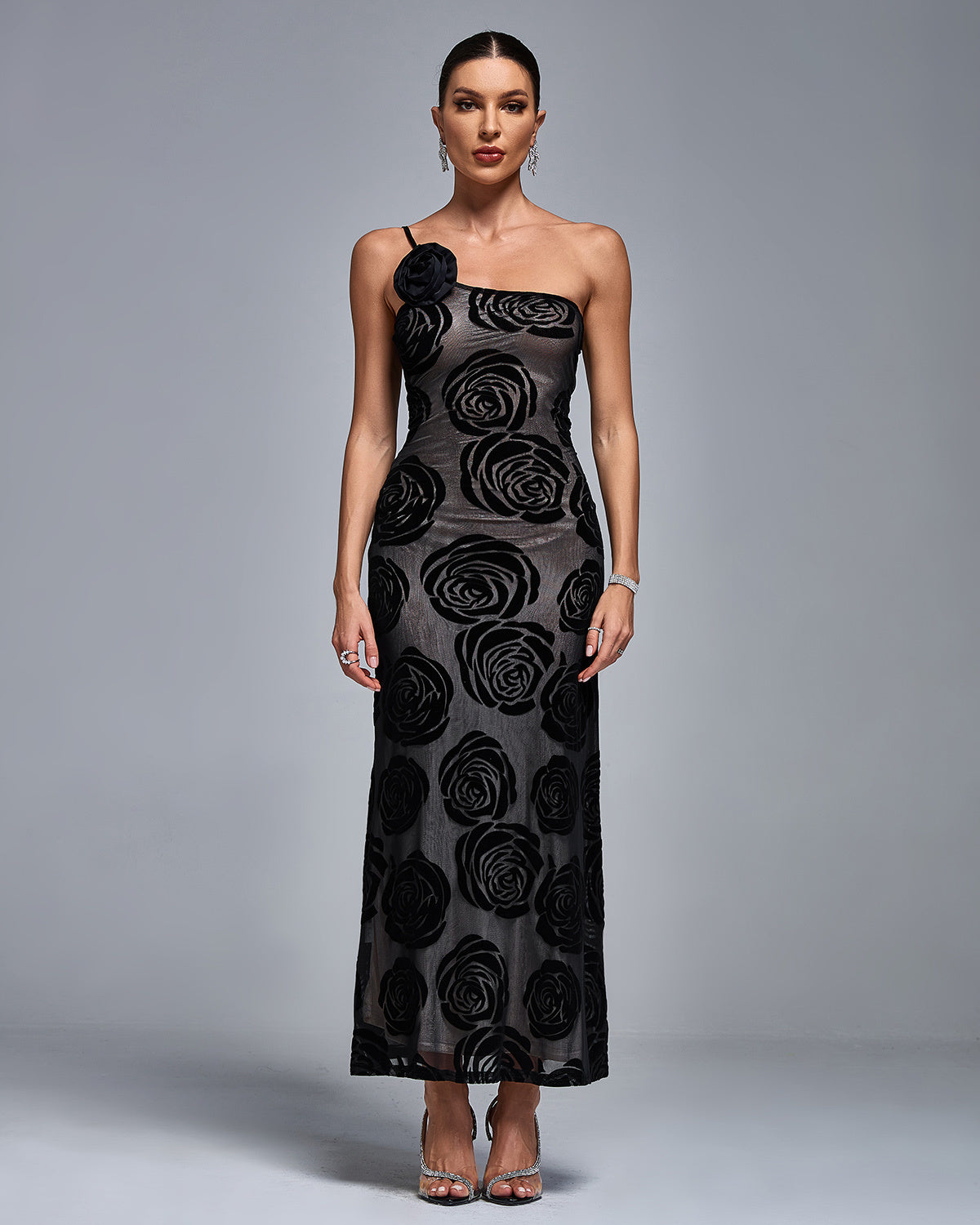 Black One-Shoulder Rose Maxi Dress – Elegant Evening Gown