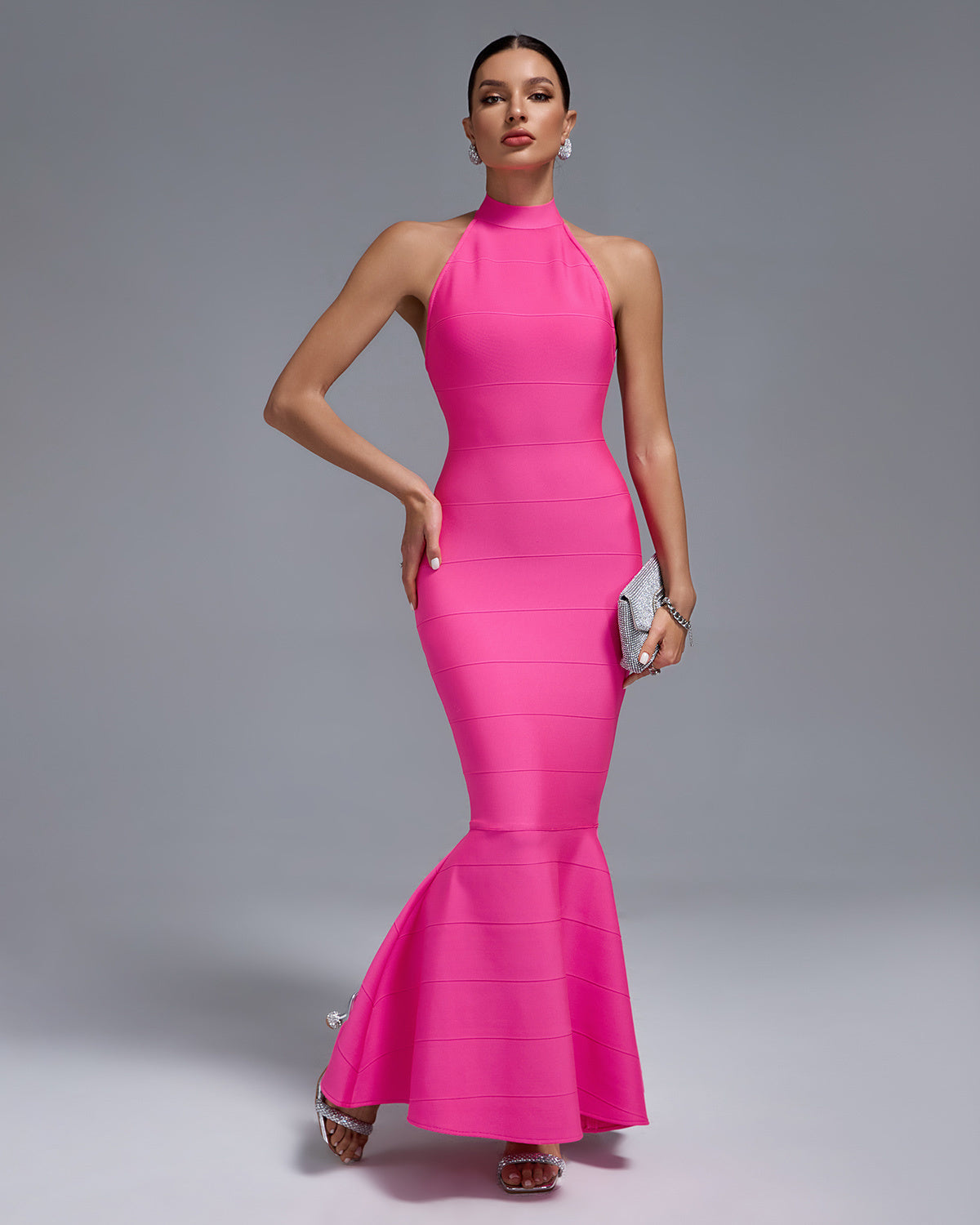 Hot Pink Halter Neck Bandage Maxi Dress