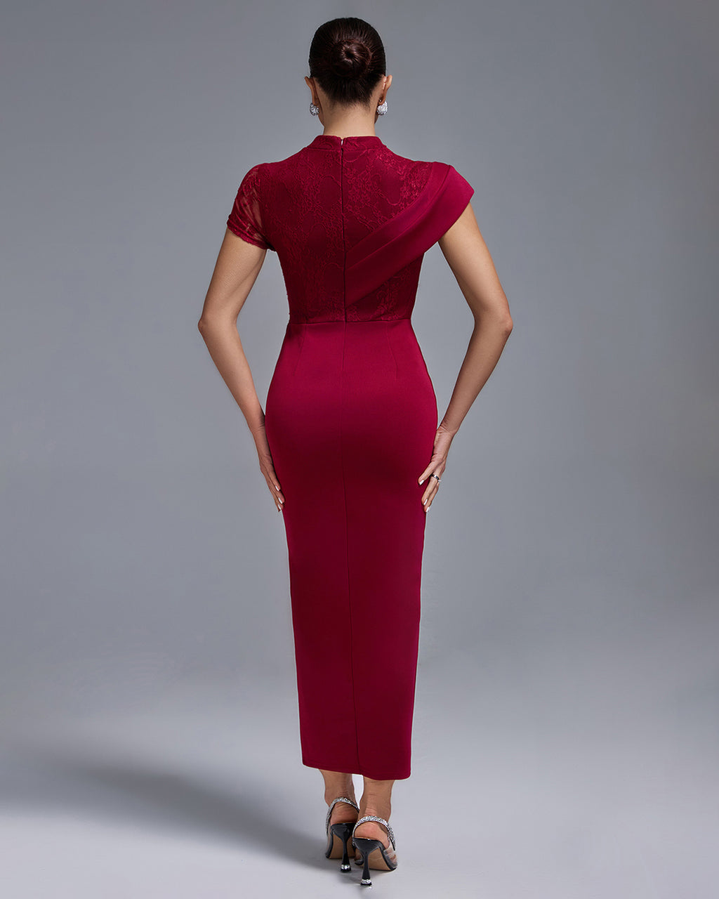 Wine Red Lace Panel Midi Dress