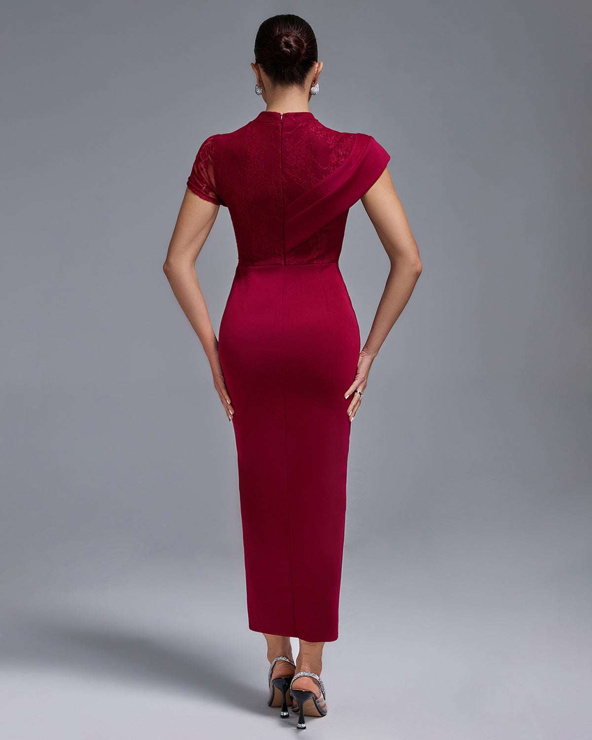 Wine Red Lace Panel Midi Dress