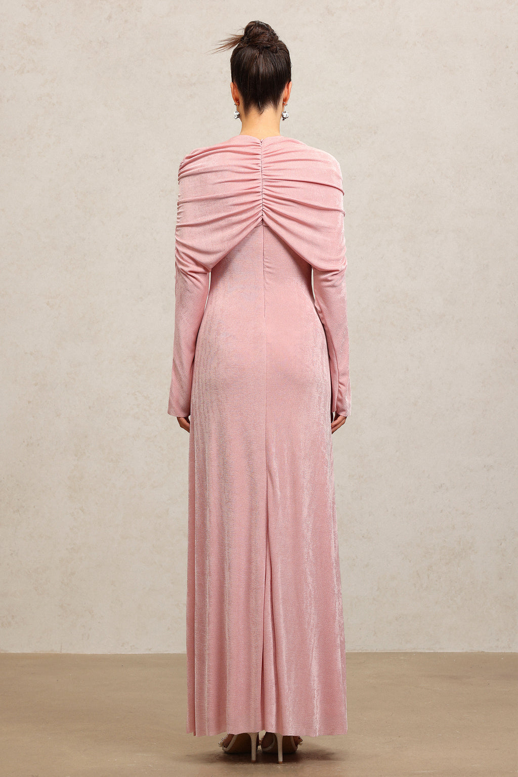 Blush Pink Draped Long Sleeve Gown