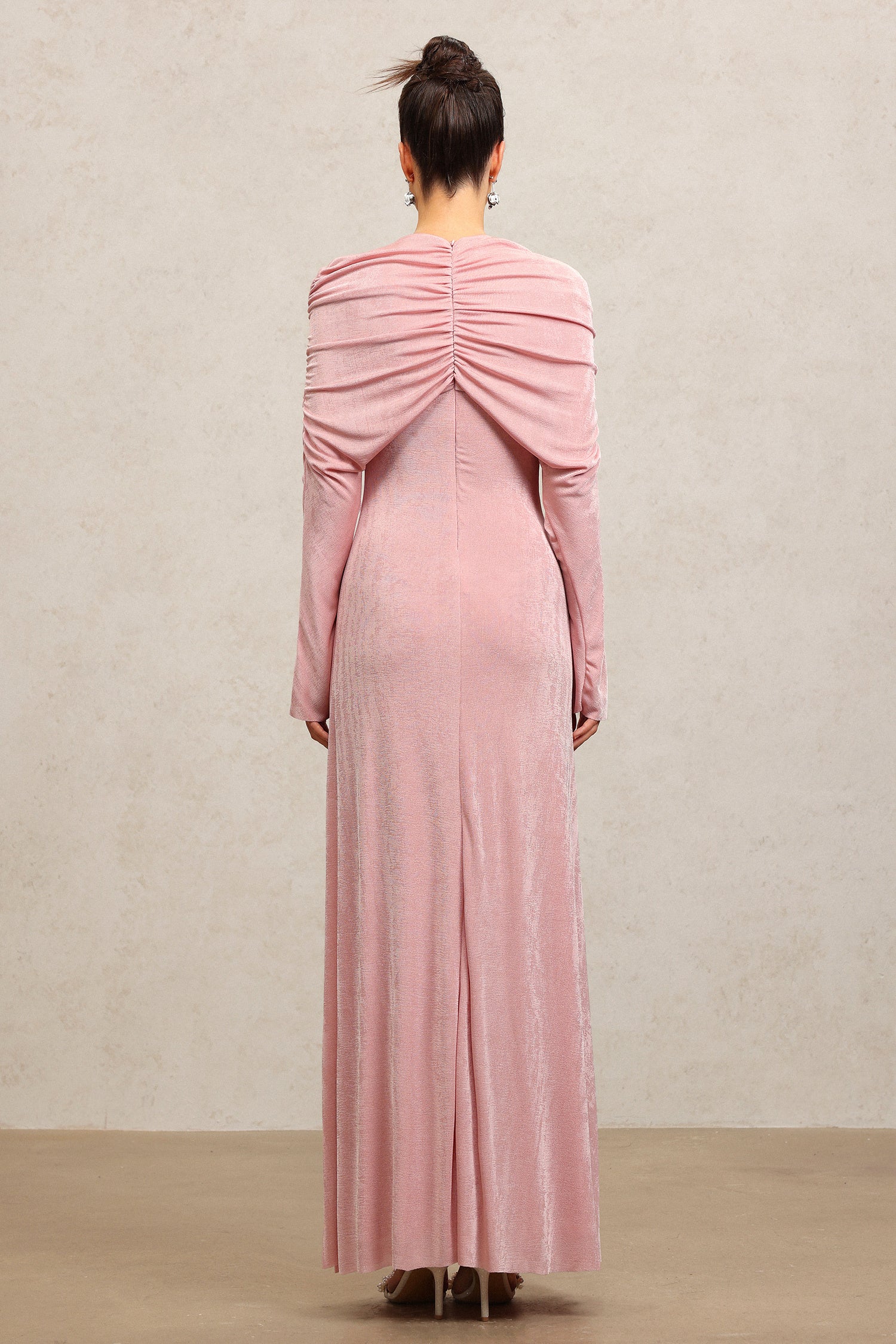 Blush Pink Draped Long Sleeve Gown
