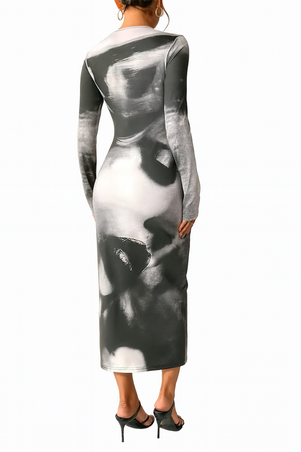 Elegant Abstract Print Long Sleeve Bodycon Midi Dress